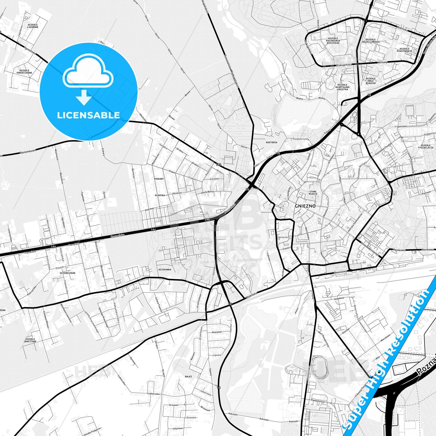 Gniezno, Poland Light Map with Street Names, City Names, and Districts