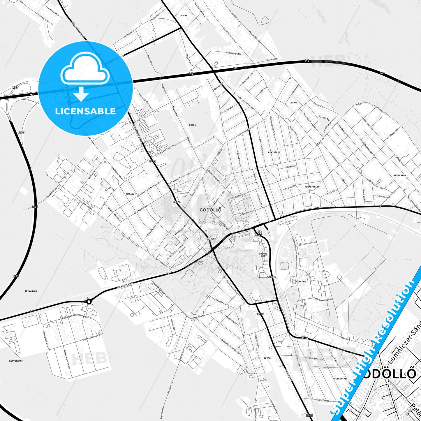 Gödöllő, Hungary Light Map with Street Names, City Names, and Districts