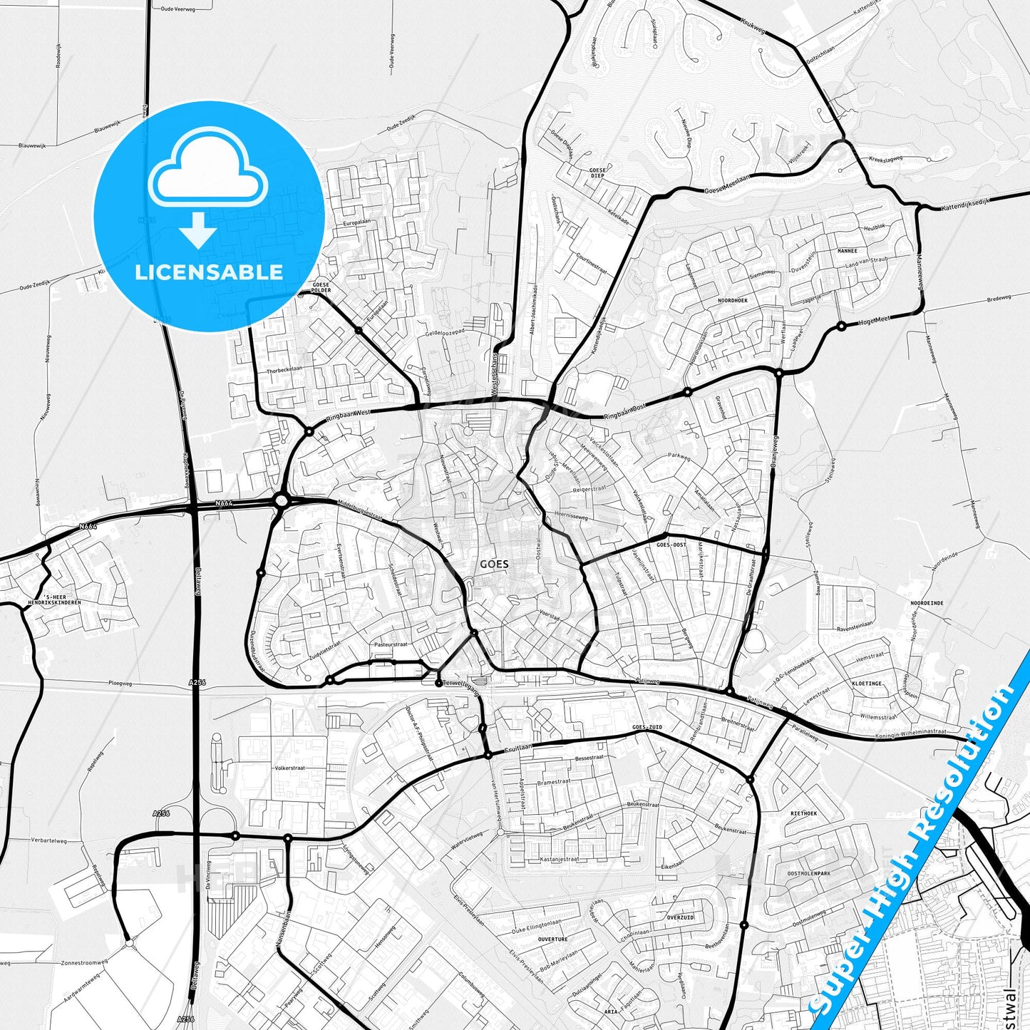 Goes, Netherlands Light Map with Street Names, City Names, and Districts