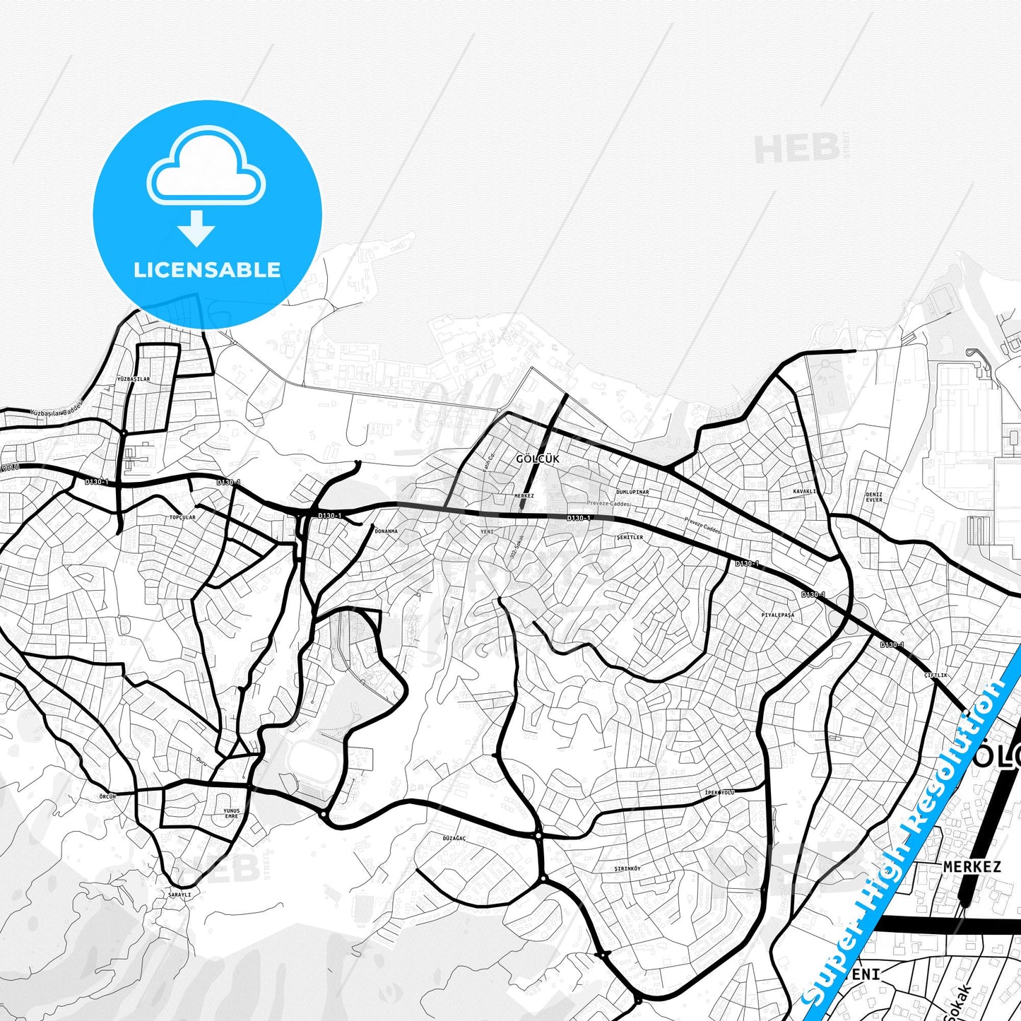 Gölcük, Turkey Light Map with Street Names, City Names, and Districts