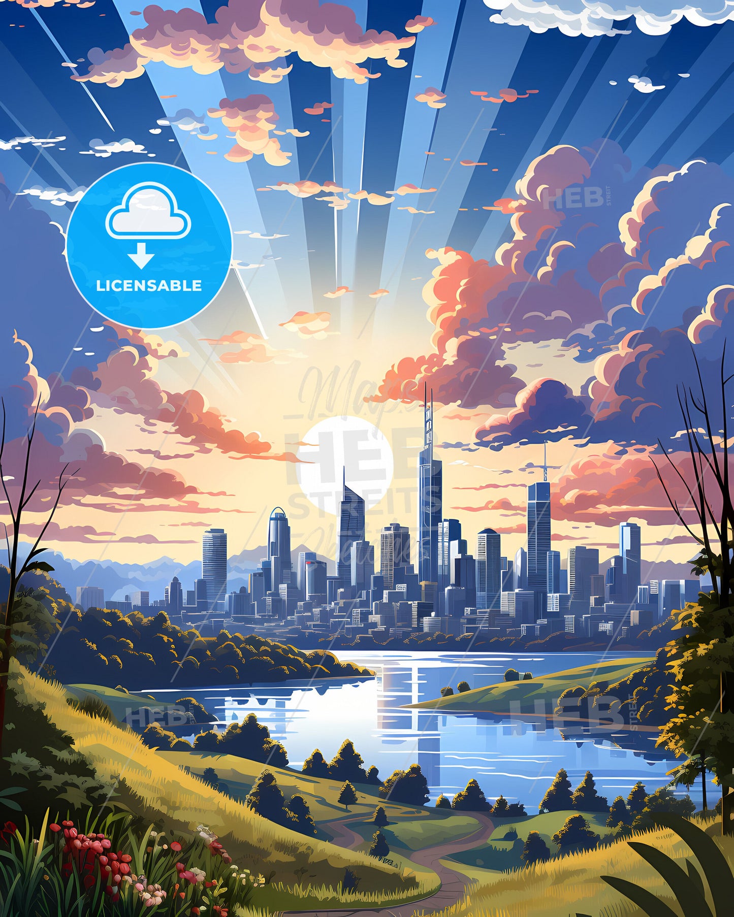 Gold Coast Tweed Heads Australia Skyline Art Painting Landscape Cityscape River Trees