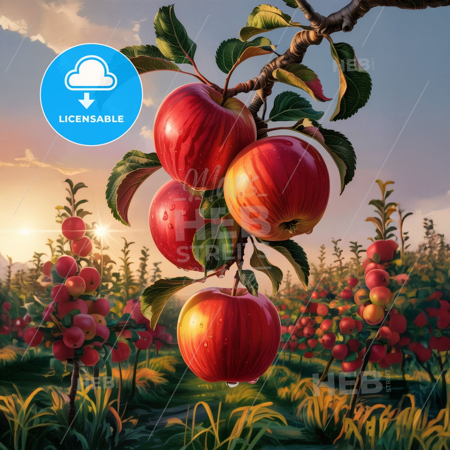 Golden Hour Harmony: Ripe Apples Bathed in Sunset Glow Amongst Orchard Rows