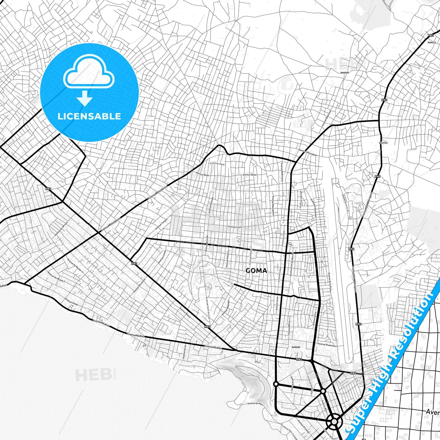 Goma, DR Congo Light Map with Street Names, City Names, and Districts