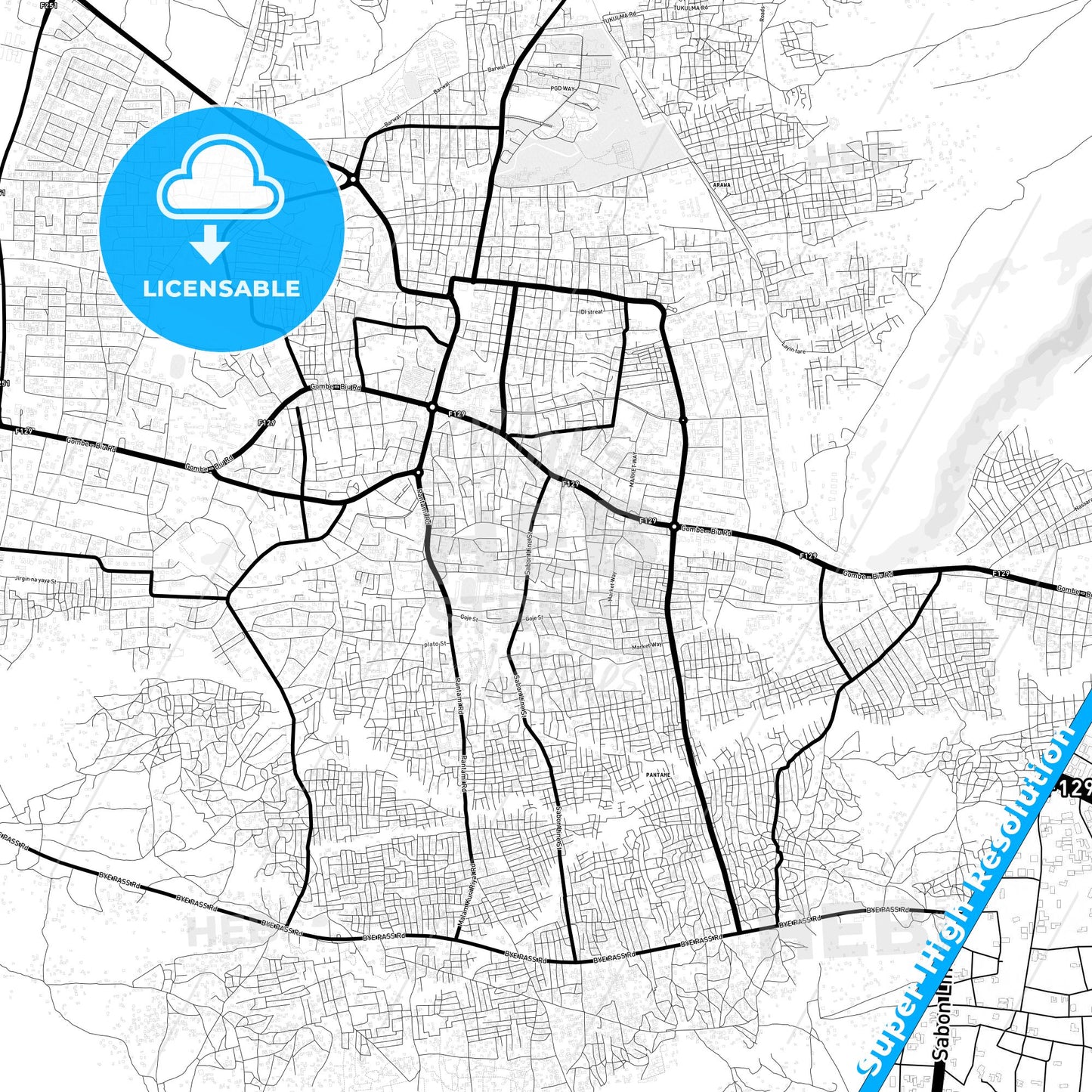 Gombe, Nigeria Light Map with Street Names, City Names, and Districts