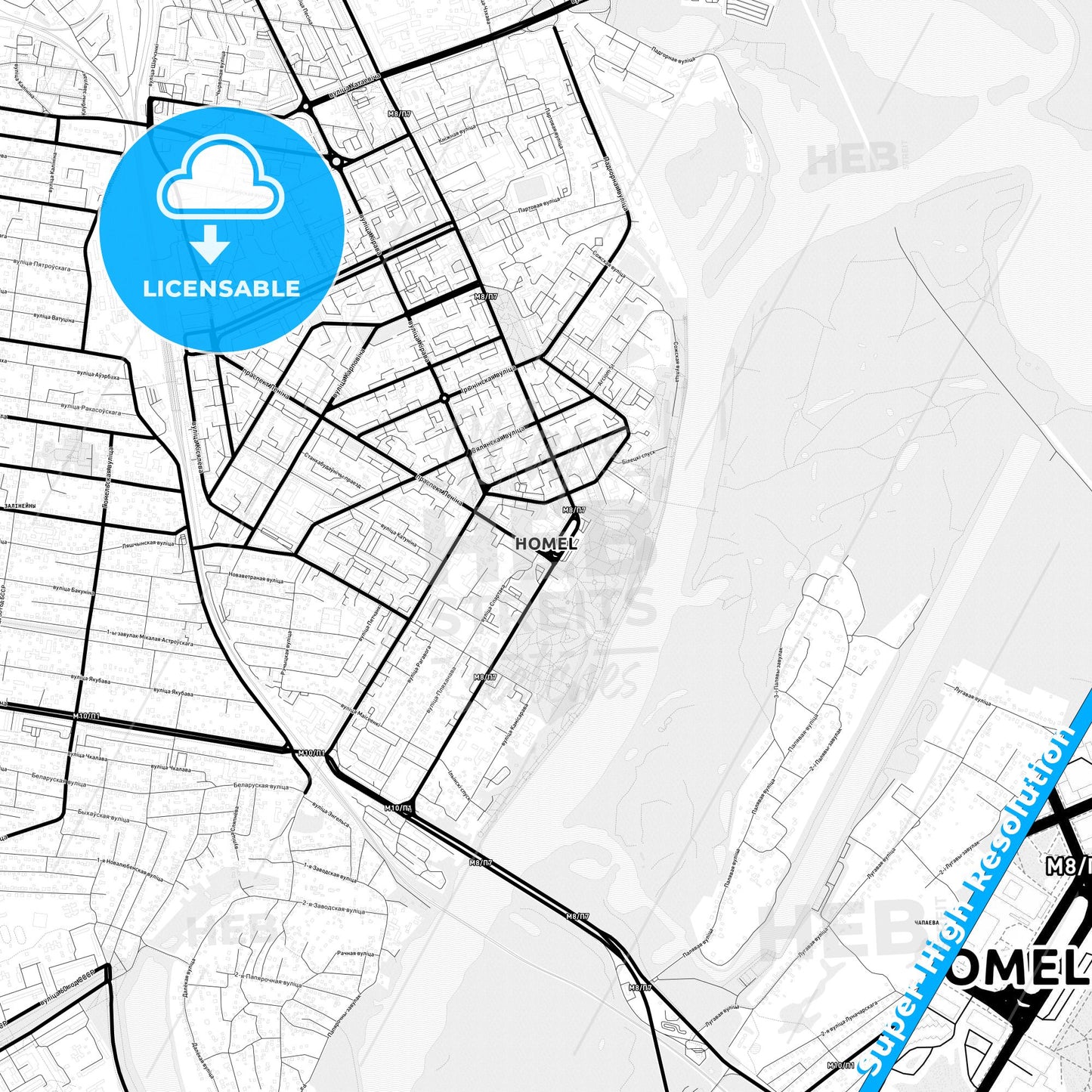 Gomel, Belarus Light Map with Street Names, City Names, and Districts