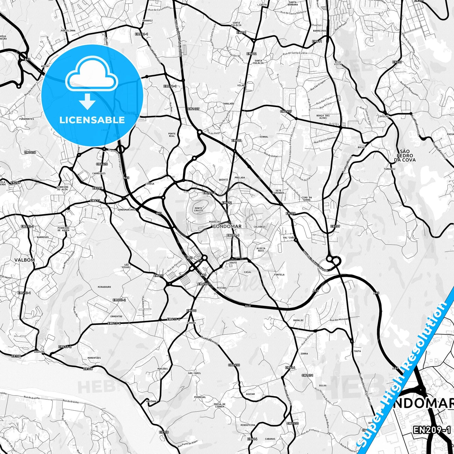 Gondomar, Portugal Light Map with Street Names, City Names, and Districts