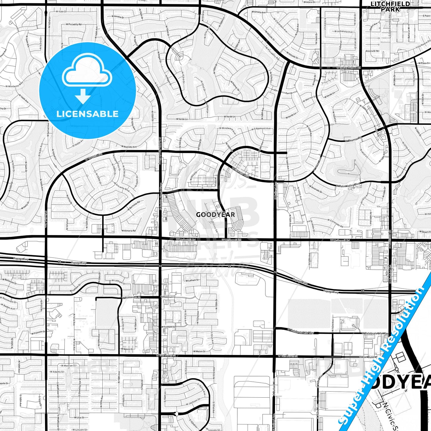 Goodyear, Arizona Light Map with Street Names, City Names, and Districts