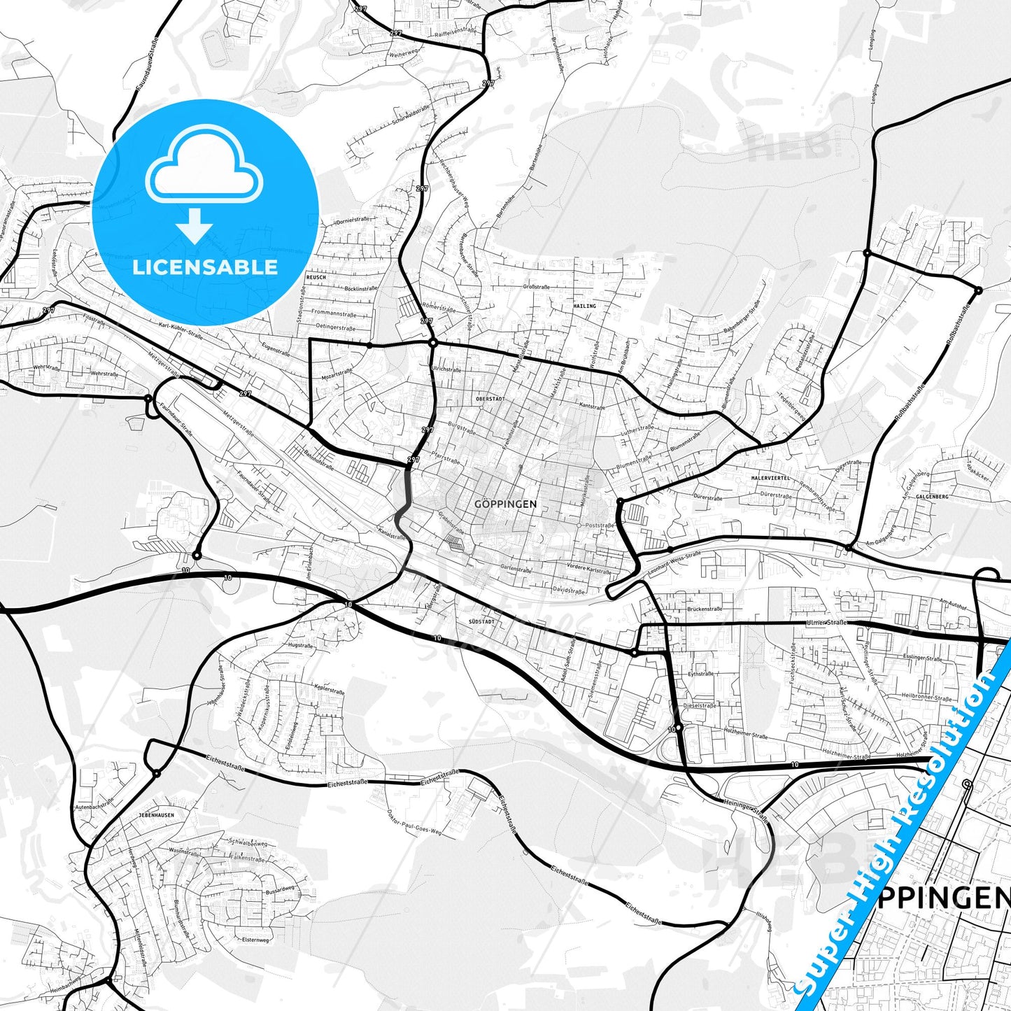 Goppingen, Germany Light Map with Street Names, City Names, and Districts