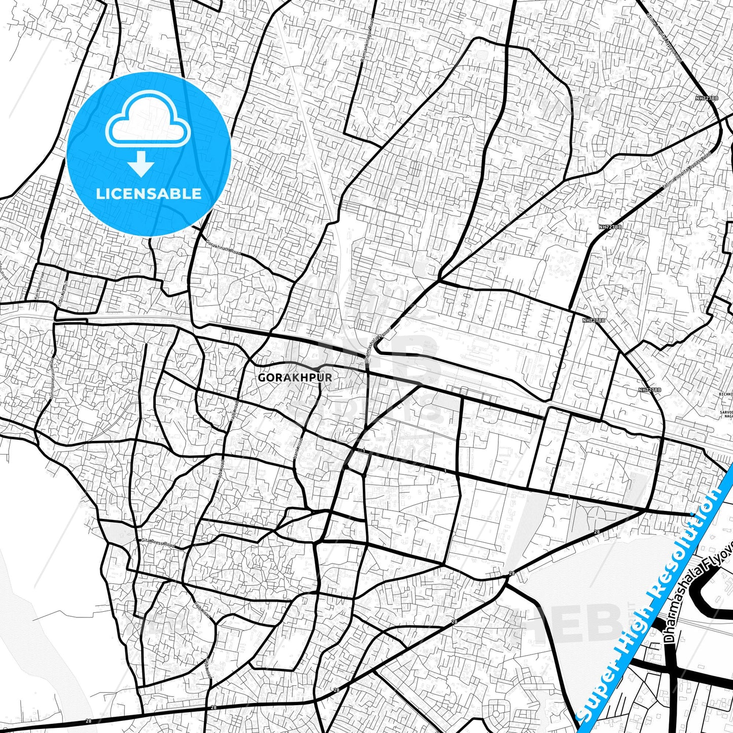 Gorakhpur, India Light Map with Street Names, City Names, and Districts