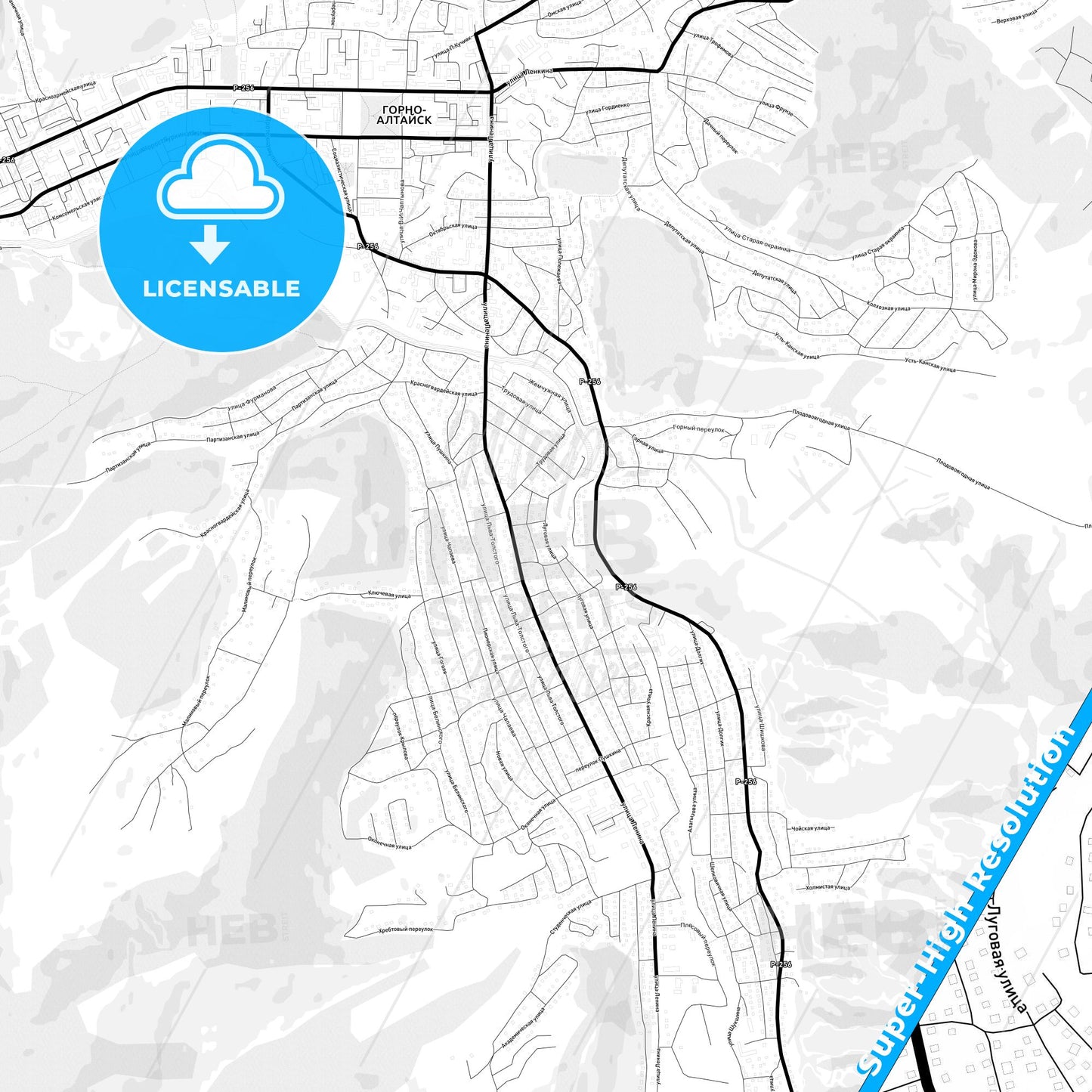 Gorno-Altaysk, Russia Light Map with Street Names, City Names, and Districts