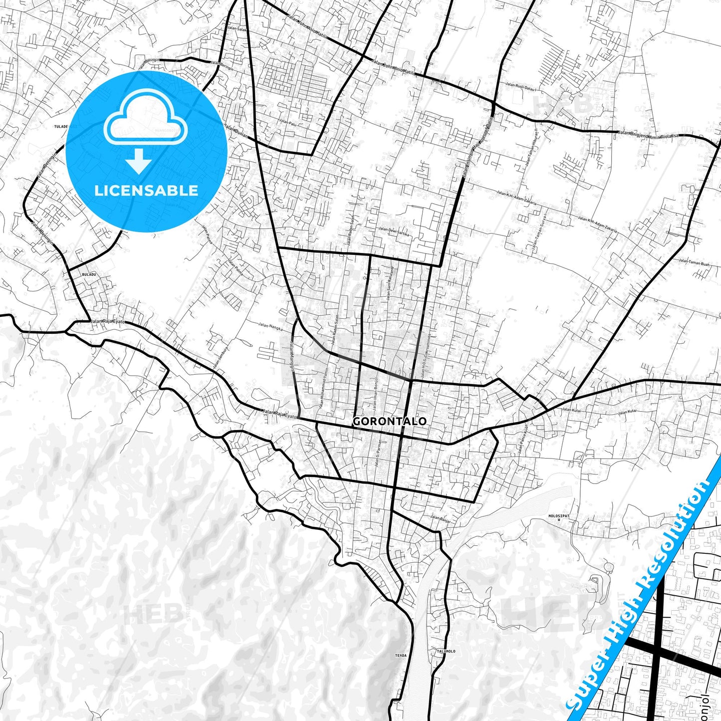 Gorontalo, Indonesia Light Map with Street Names, City Names, and Districts