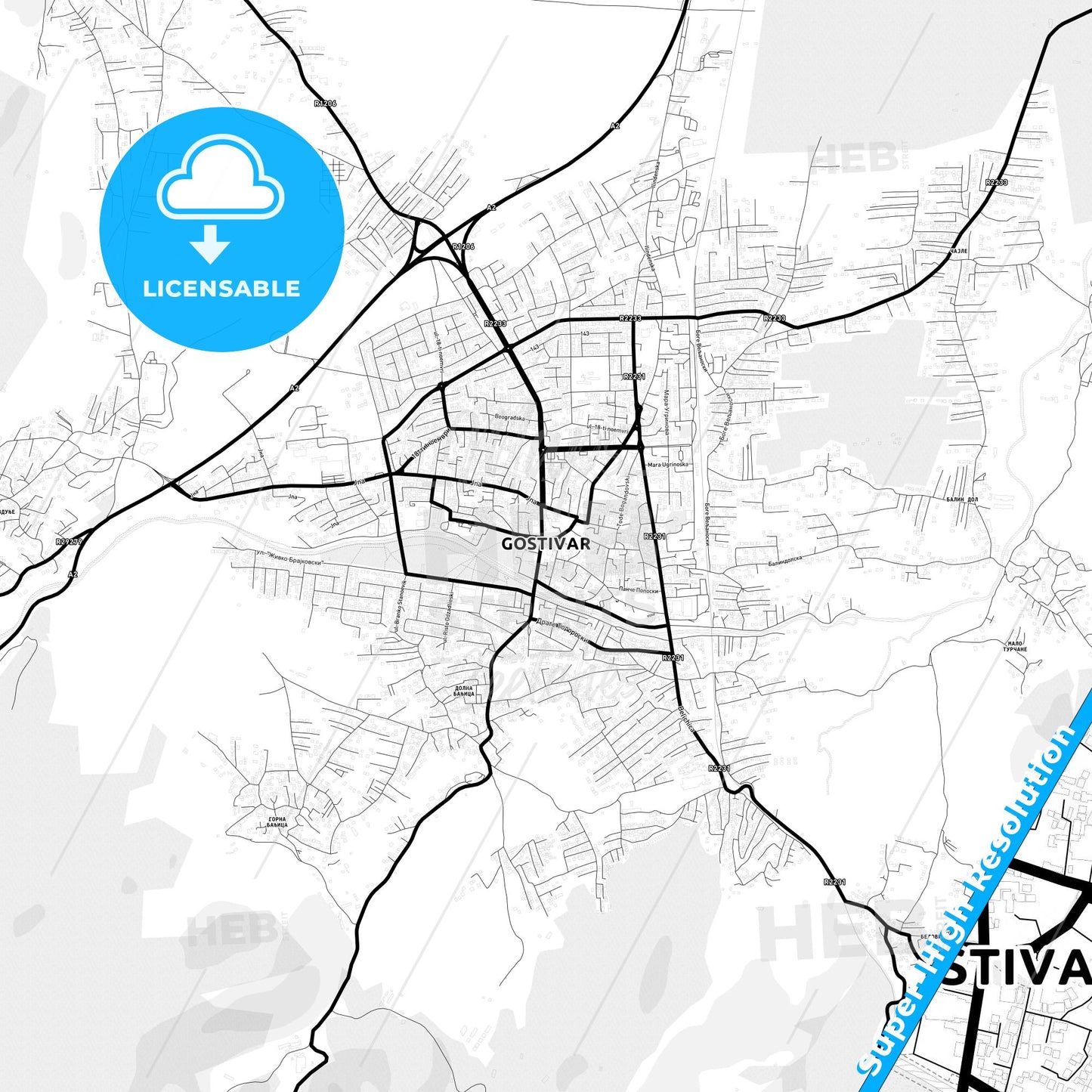 Gostivar, North Macedonia Light Map with Street Names, City Names, and Districts