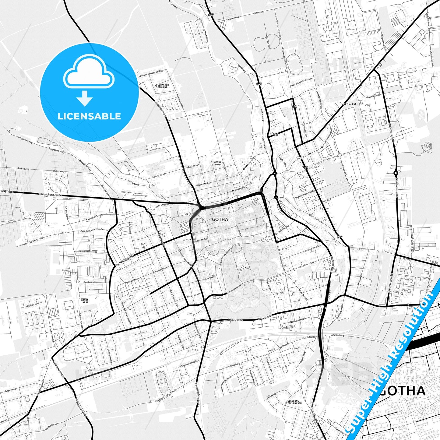 Gotha, Germany Light Map with Street Names, City Names, and Districts