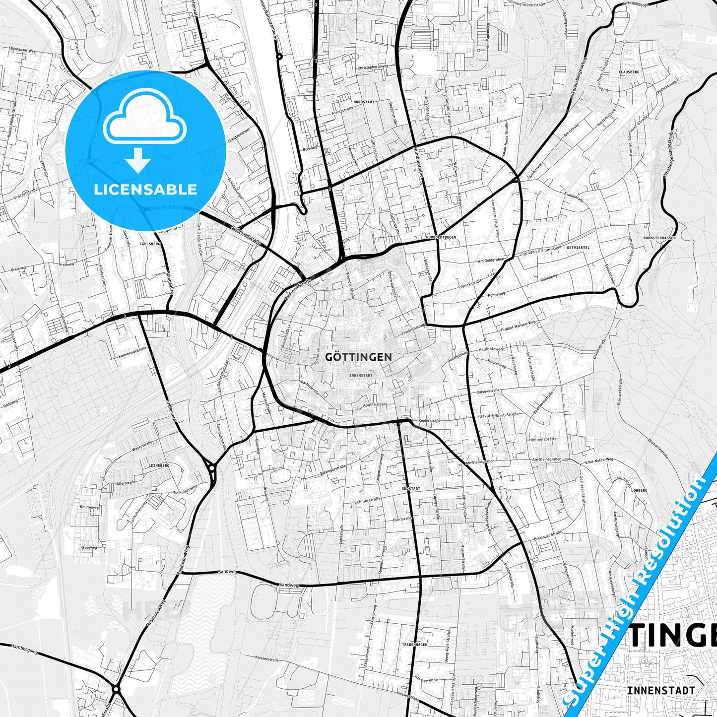 Gottingen, Germany Light Map with Street Names, City Names, and Districts