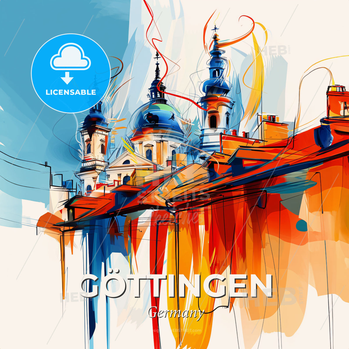 Vibrant Göttingen, Germany - A Painting Of A Building With Towers And A Blue Sky - Square format print template
