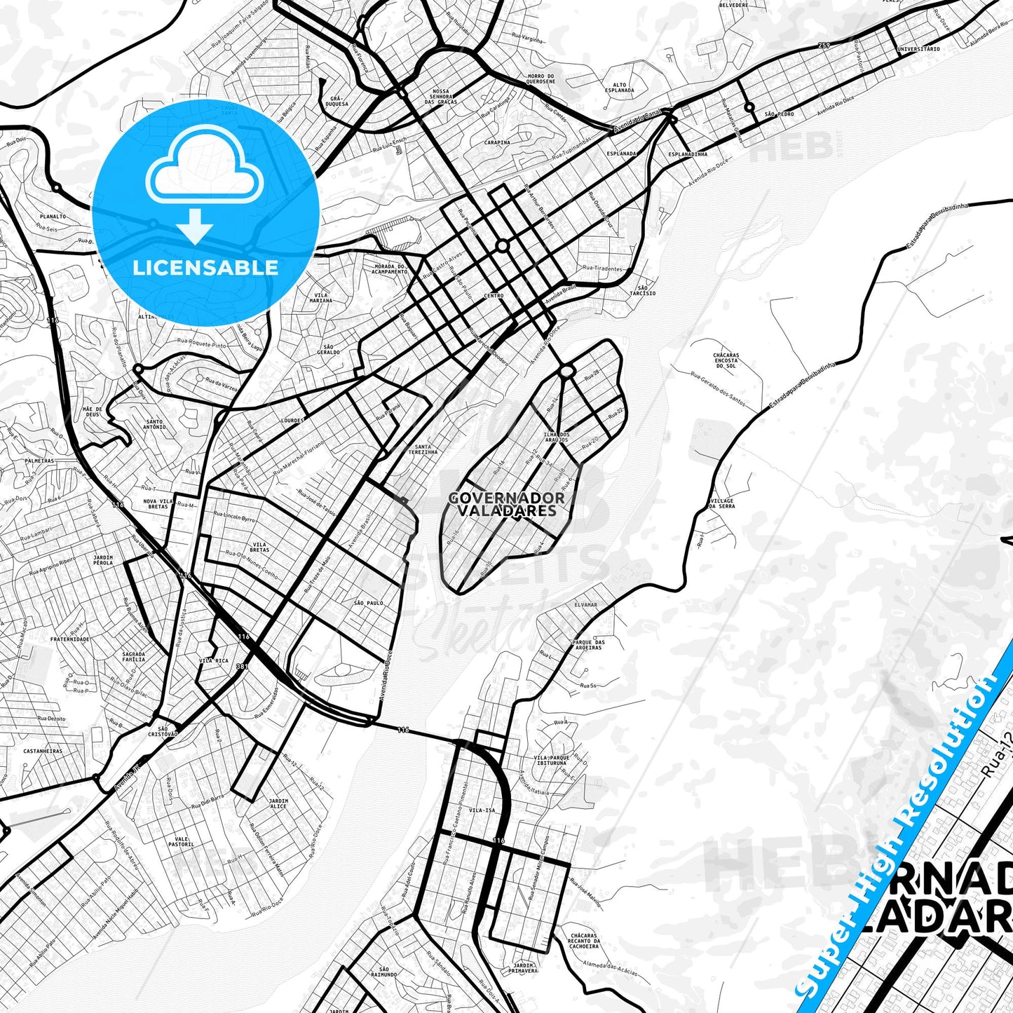 Governador Valadares, Brazil Light Map with Street Names, City Names, and Districts