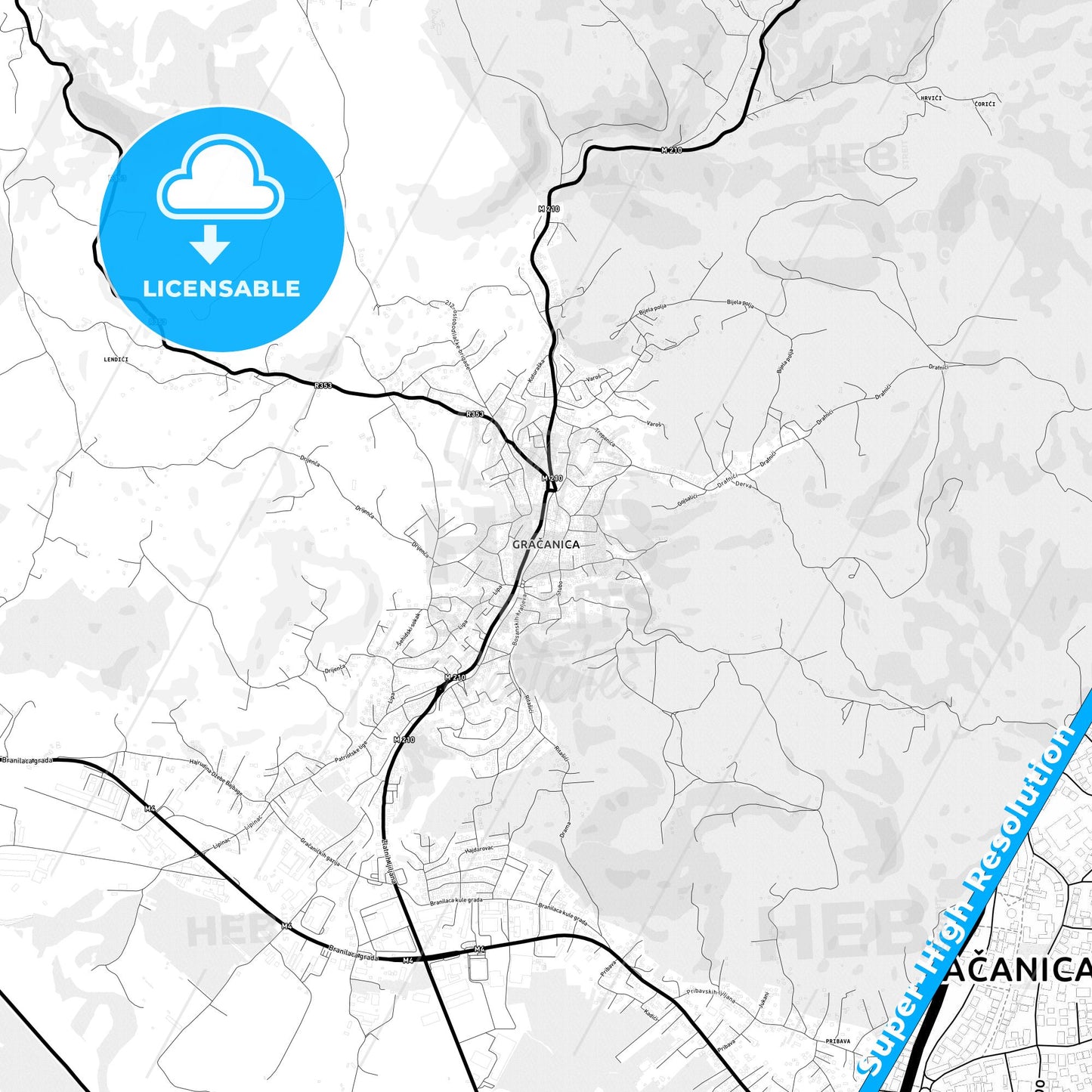 Gračanica, Bosnia and Herzegovina Light Map with Street Names, City Names, and Districts