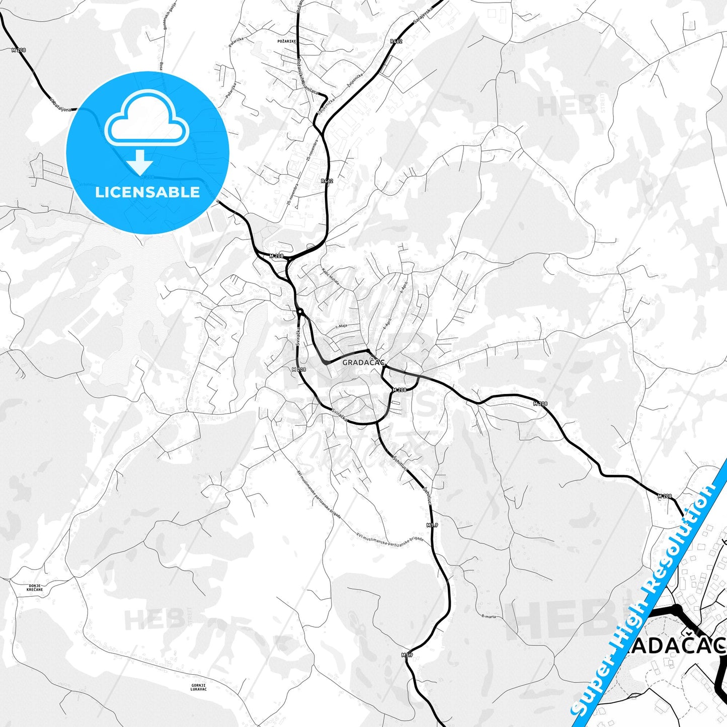 Gradačac, Bosnia and Herzegovina Light Map with Street Names, City Names, and Districts