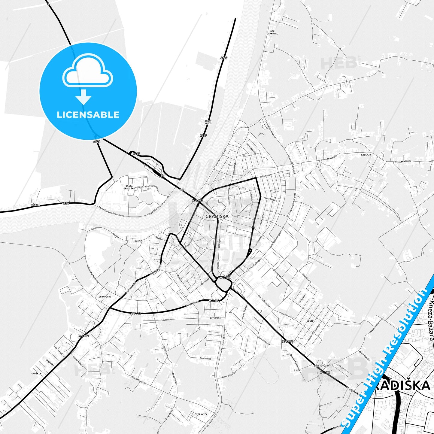 Gradiška, Bosnia and Herzegovina Light Map with Street Names, City Names, and Districts