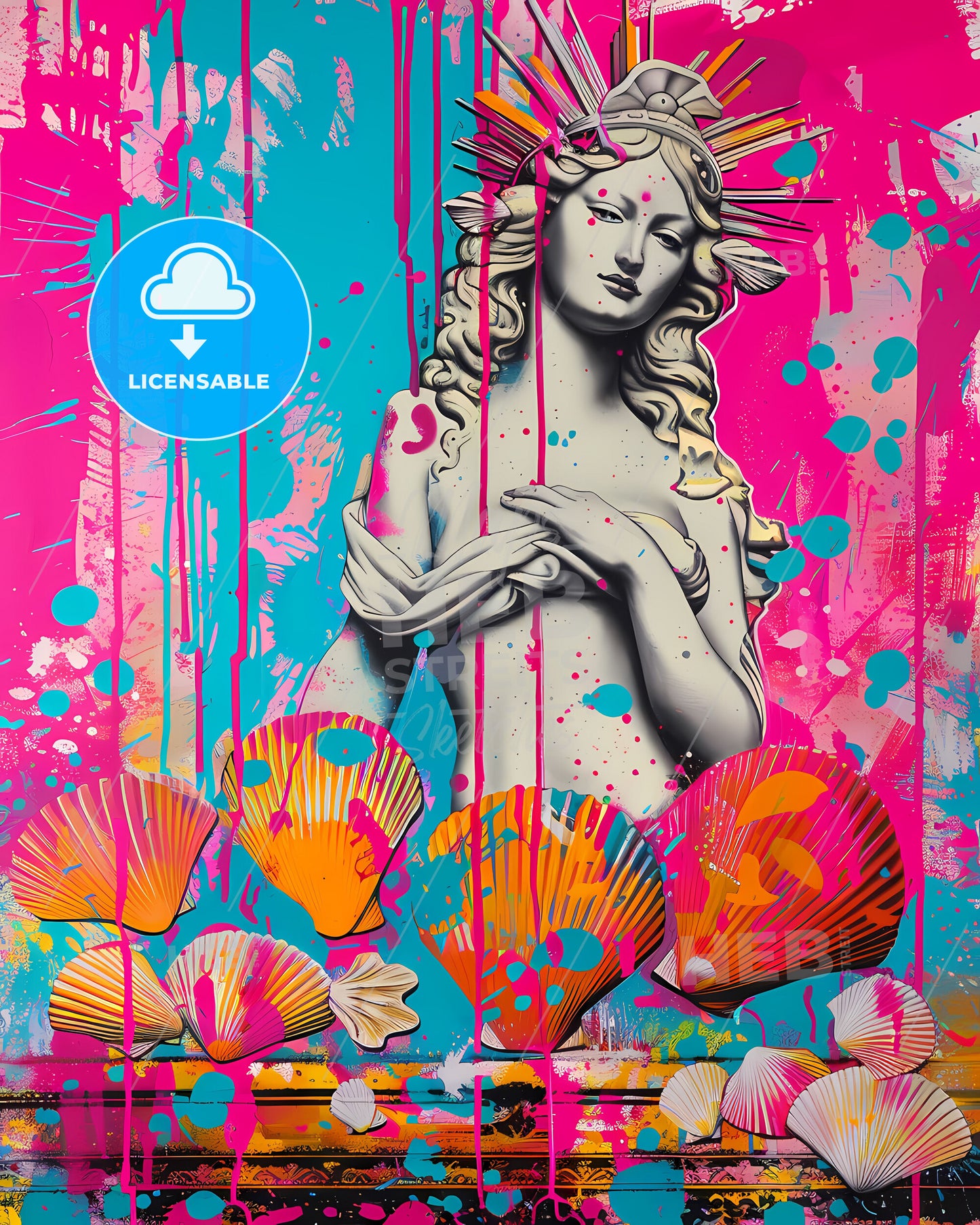 High-Res Digital Painting: Birth of Venus Renaissance Artwork, Vibrant Oil on Canvas, Sea Shells, Turquoise, Hot Pink, Drippy Paint, Crown, Art Print