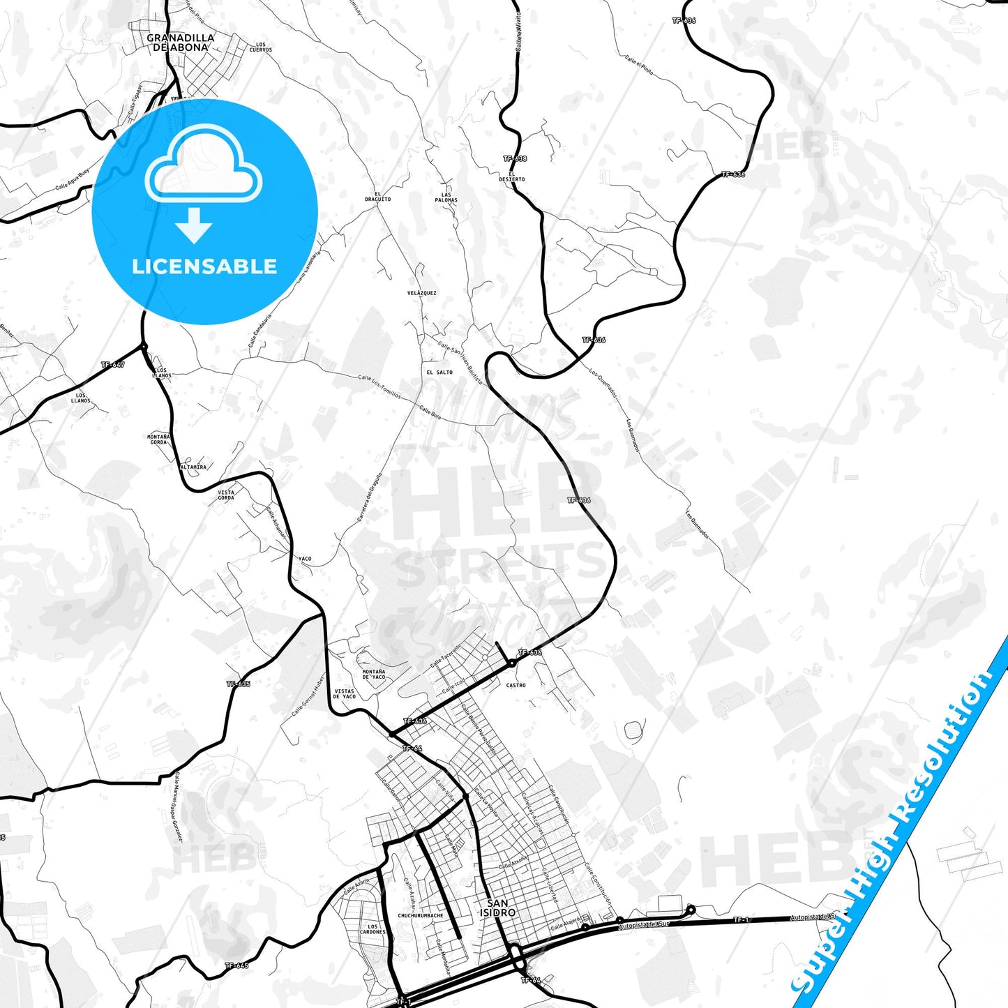 Granadilla de Abona, Spain Light Map with Street Names, City Names, and Districts