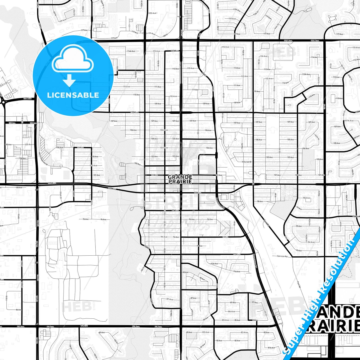 Grande Prairie, Canada Light Map with Street Names, City Names, and Districts