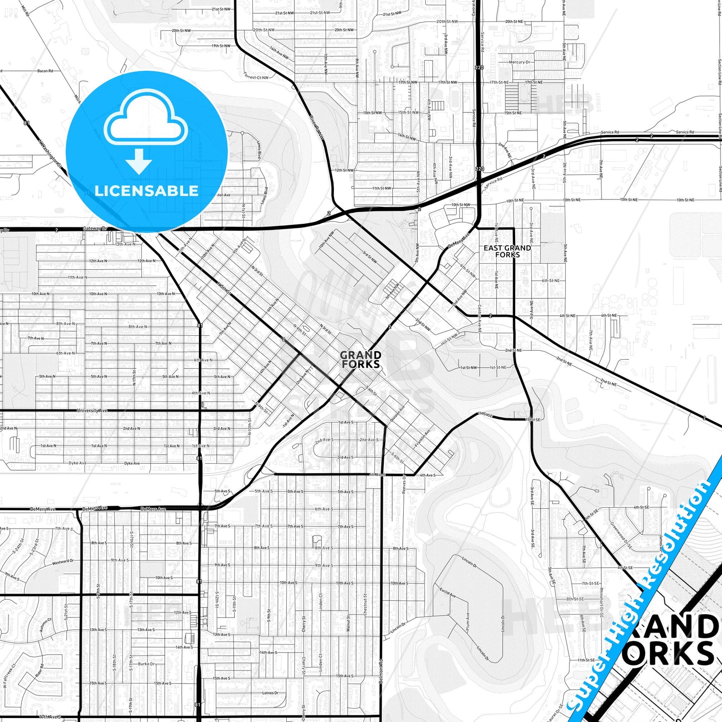 Grand Forks, North Dakota Light Map with Street Names, City Names, and Districts