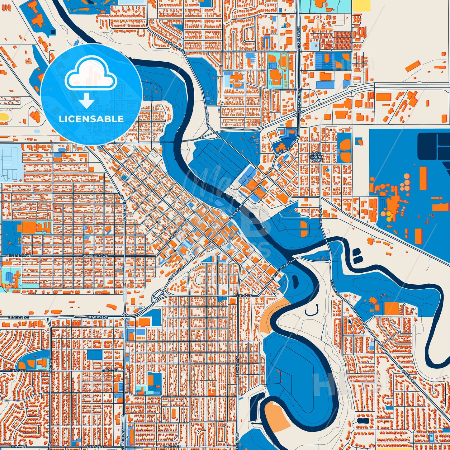 Colorful Grand Forks Street Map with Labels and Buildings