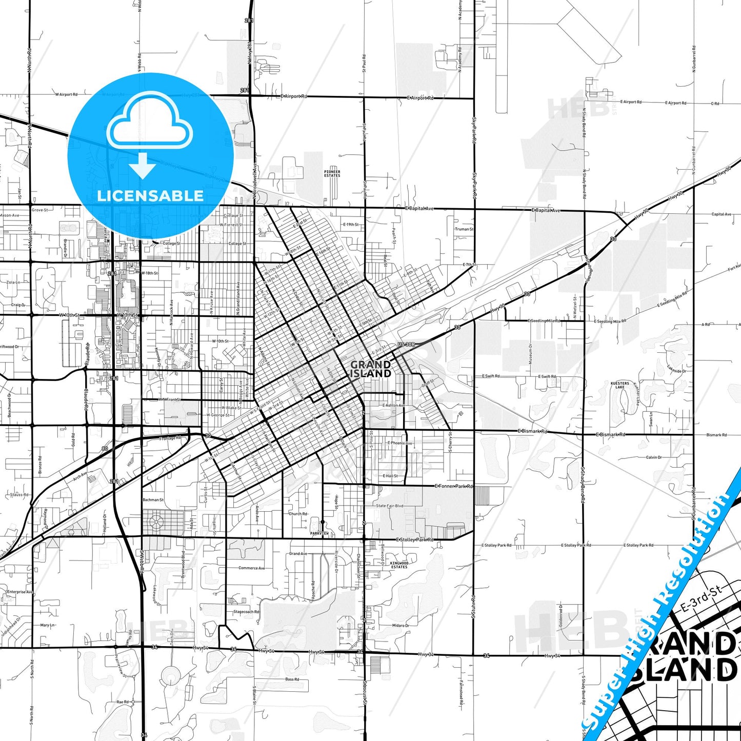 Grand Island, Nebraska Light Map with Street Names, City Names, and Districts
