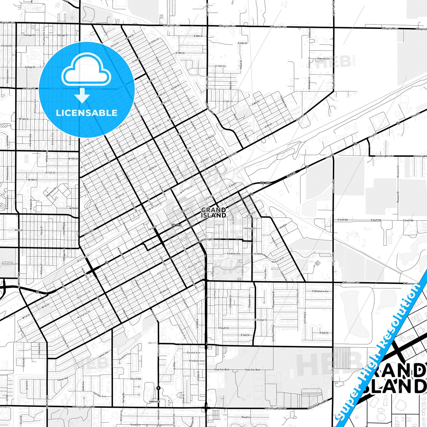 Grand Island, Nebraska Light Map with Street Names, City Names, and Districts