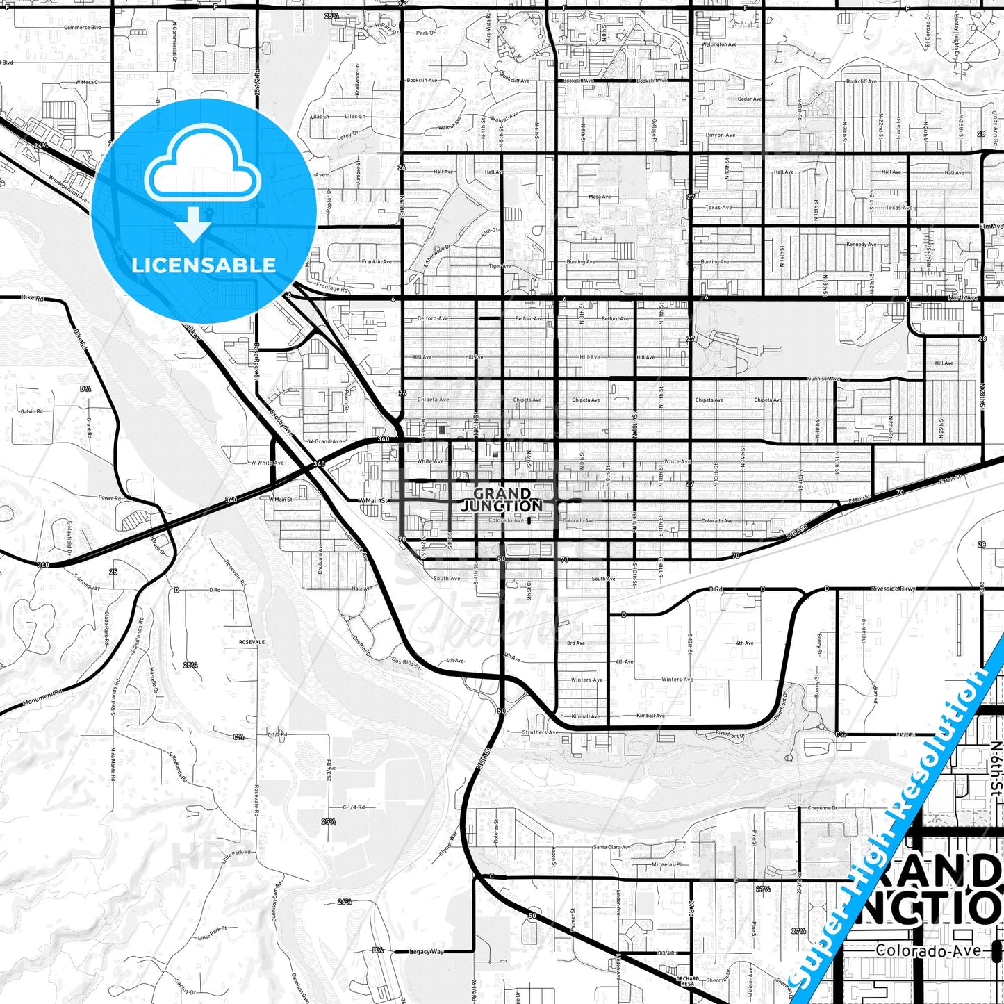 Grand Junction, Colorado Light Map with Street Names, City Names, and Districts