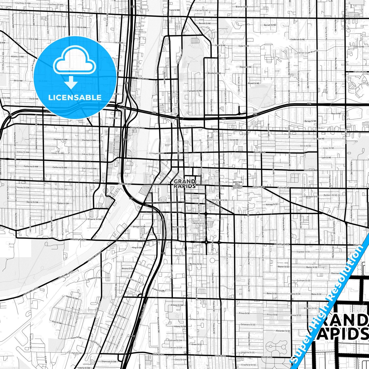 Grand Rapids, Michigan Light Map with Street Names, City Names, and Districts