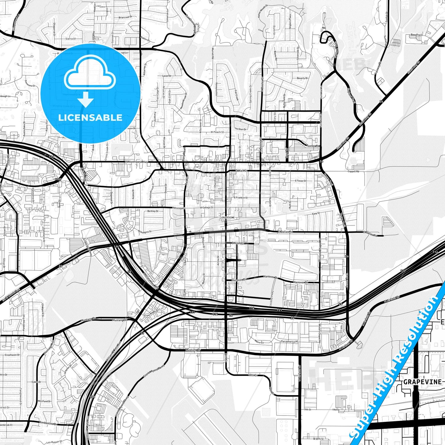 Grapevine, Texas Light Map with Street Names, City Names, and Districts