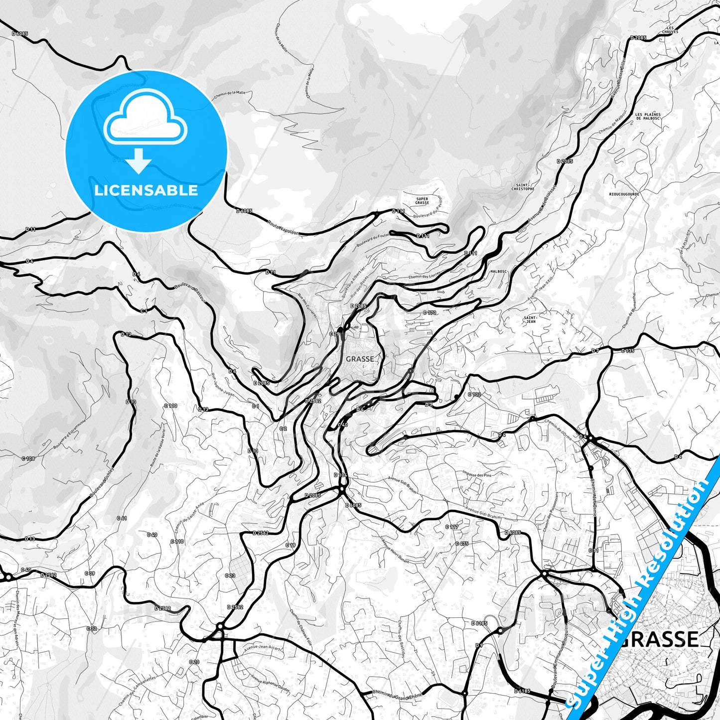 Grasse, France Light Map with Street Names, City Names, and Districts