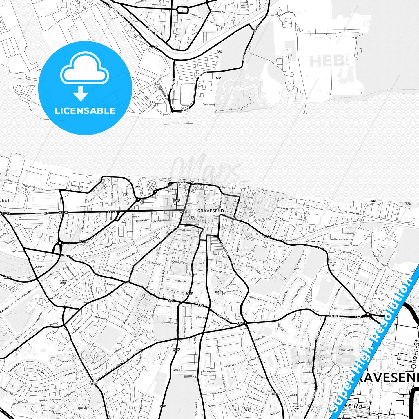 Gravesend, England Light Map with Street Names, City Names, and Districts