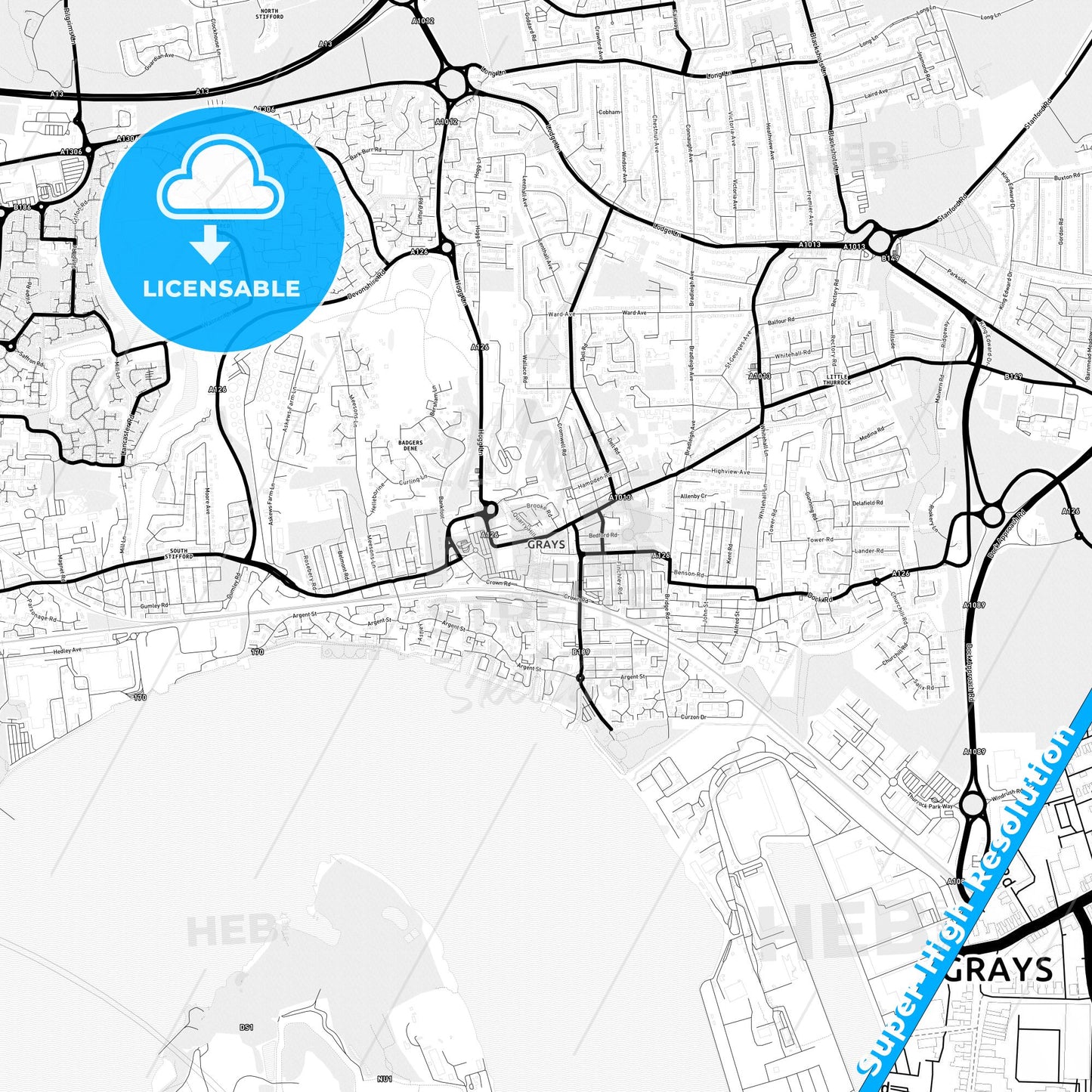Grays, England Light Map with Street Names, City Names, and Districts