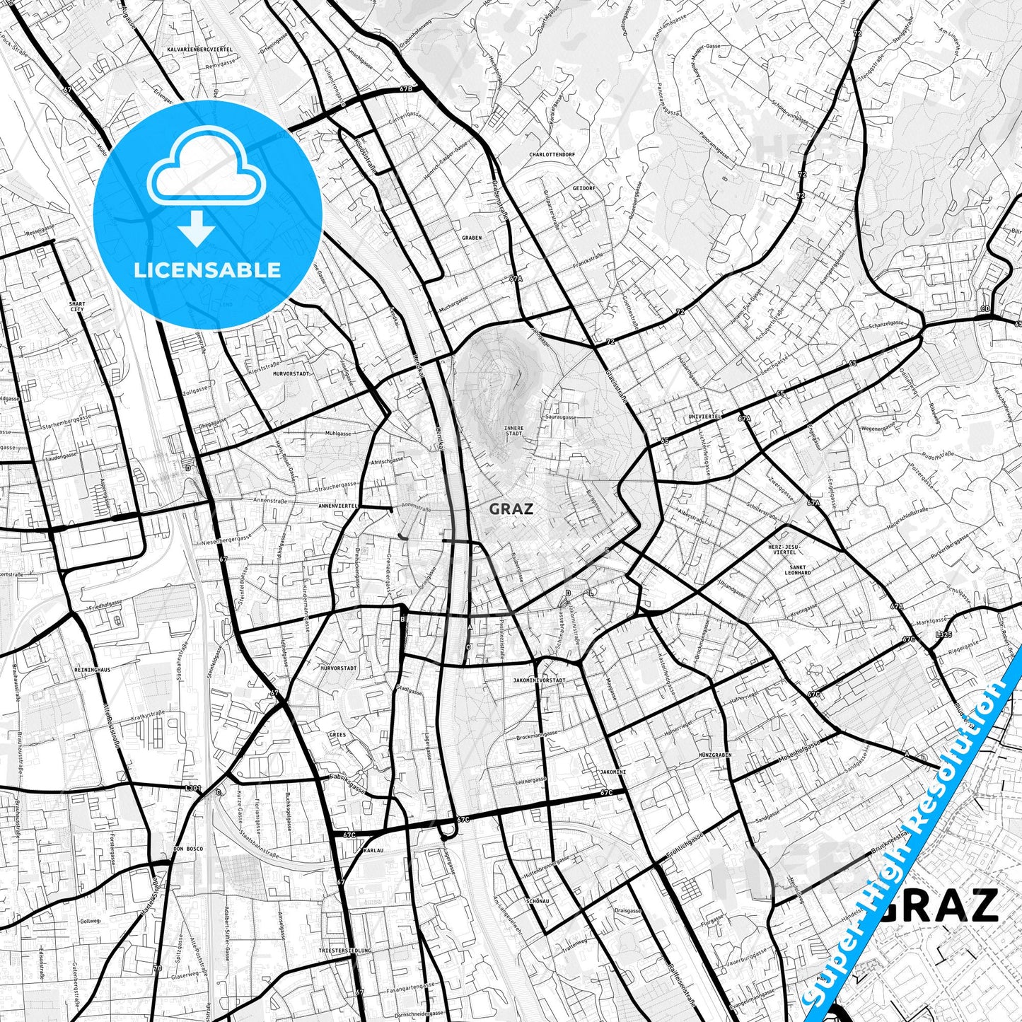 Graz, Austria Light Map with Street Names, City Names, and Districts
