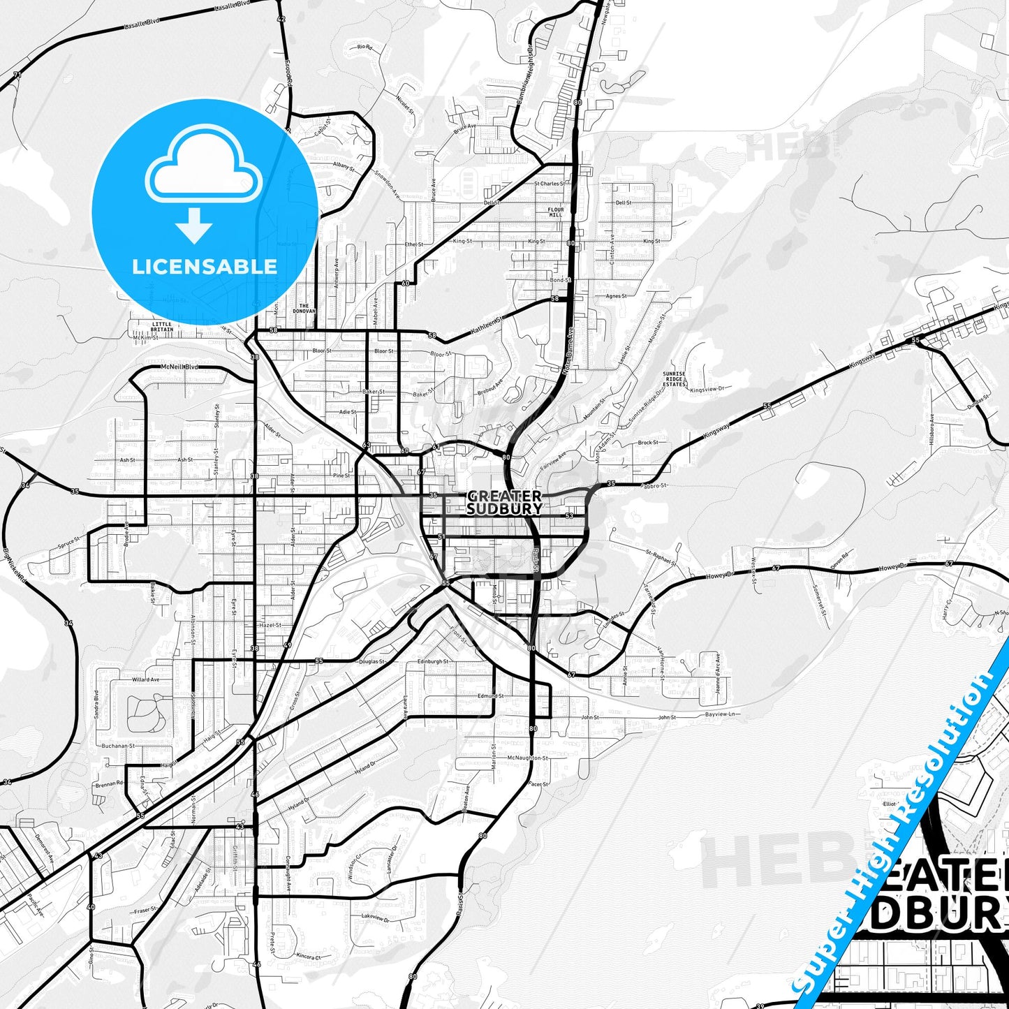 Greater Sudbury, Canada Light Map with Street Names, City Names, and Districts