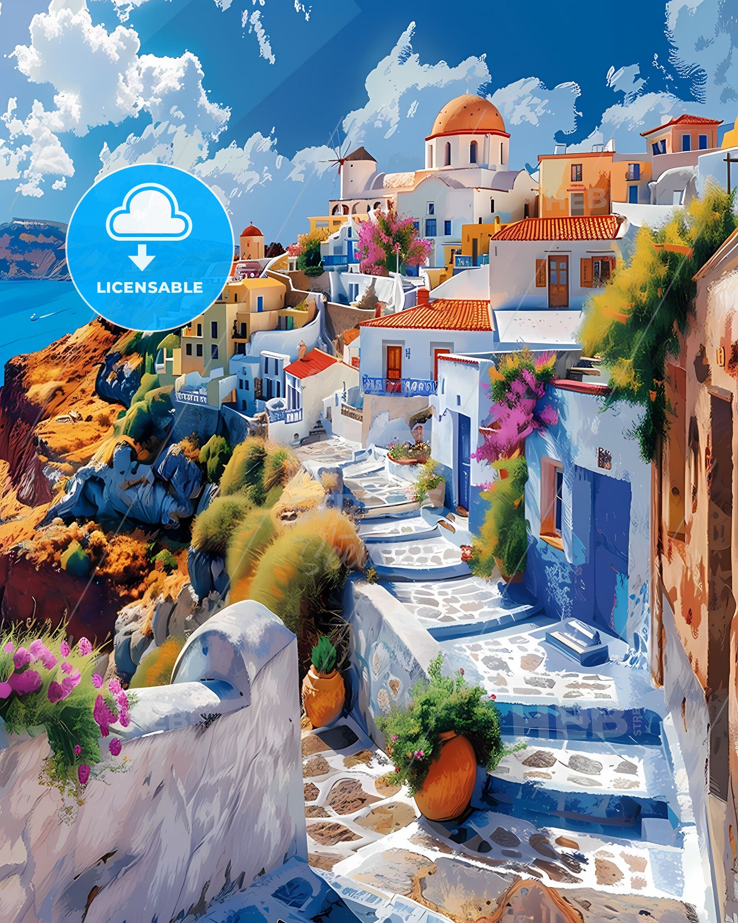 Artful Greece Buildings Hilltop Colorful Painting Europe Destination Image