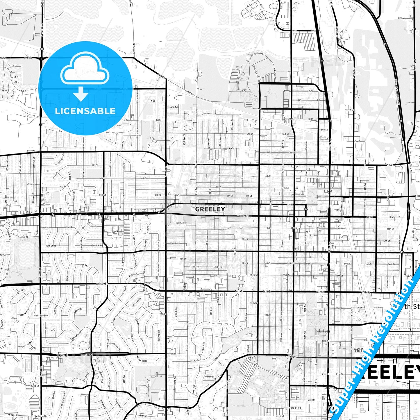 Greeley, Colorado Light Map with Street Names, City Names, and Districts