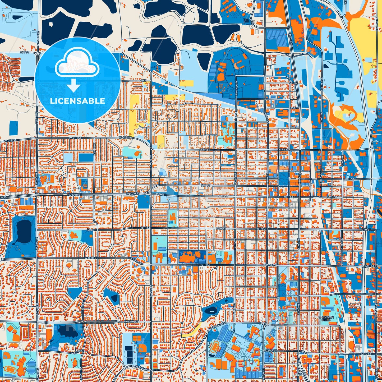 Colorful Greeley Street Map with Labels and Buildings
