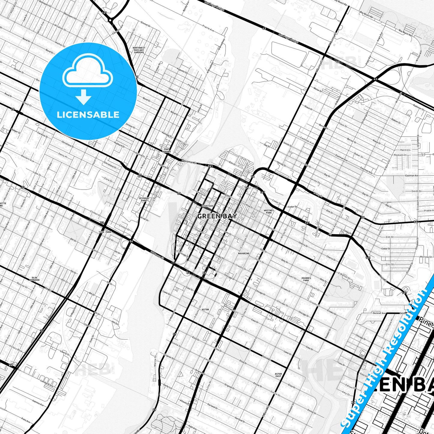 Green Bay, Wisconsin Light Map with Street Names, City Names, and Districts