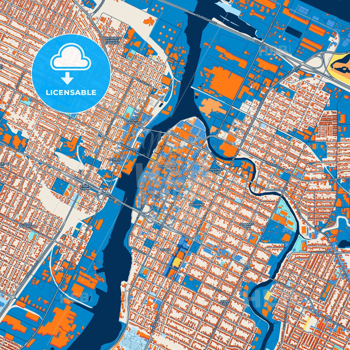 Colorful Green Bay Street Map with Labels and Buildings