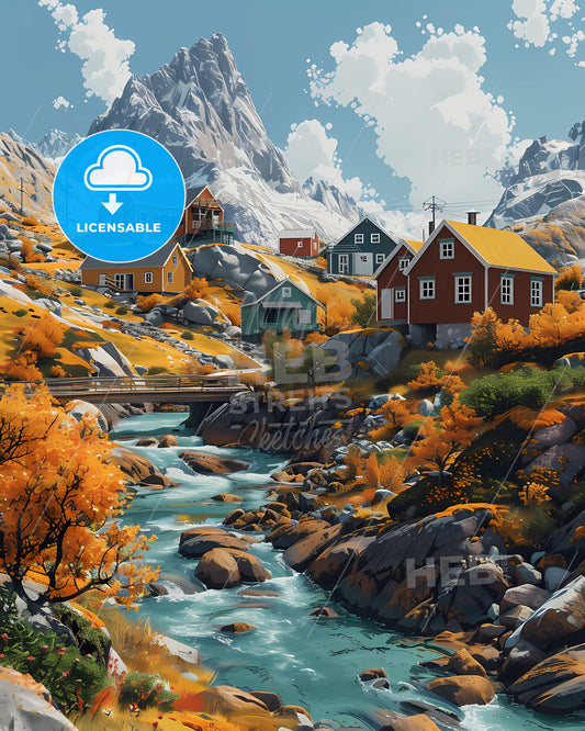 Artful Valley Scene: Colorful Painting Depicting River, Houses, and Mountains
