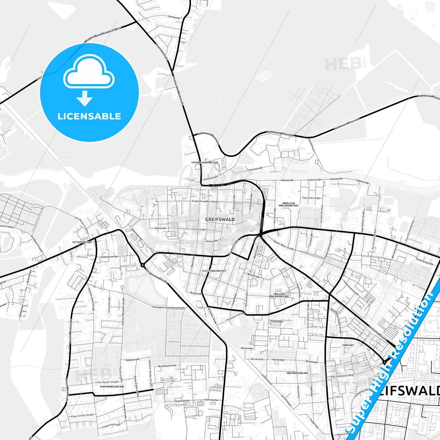 Greifswald, Germany Light Map with Street Names, City Names, and Districts