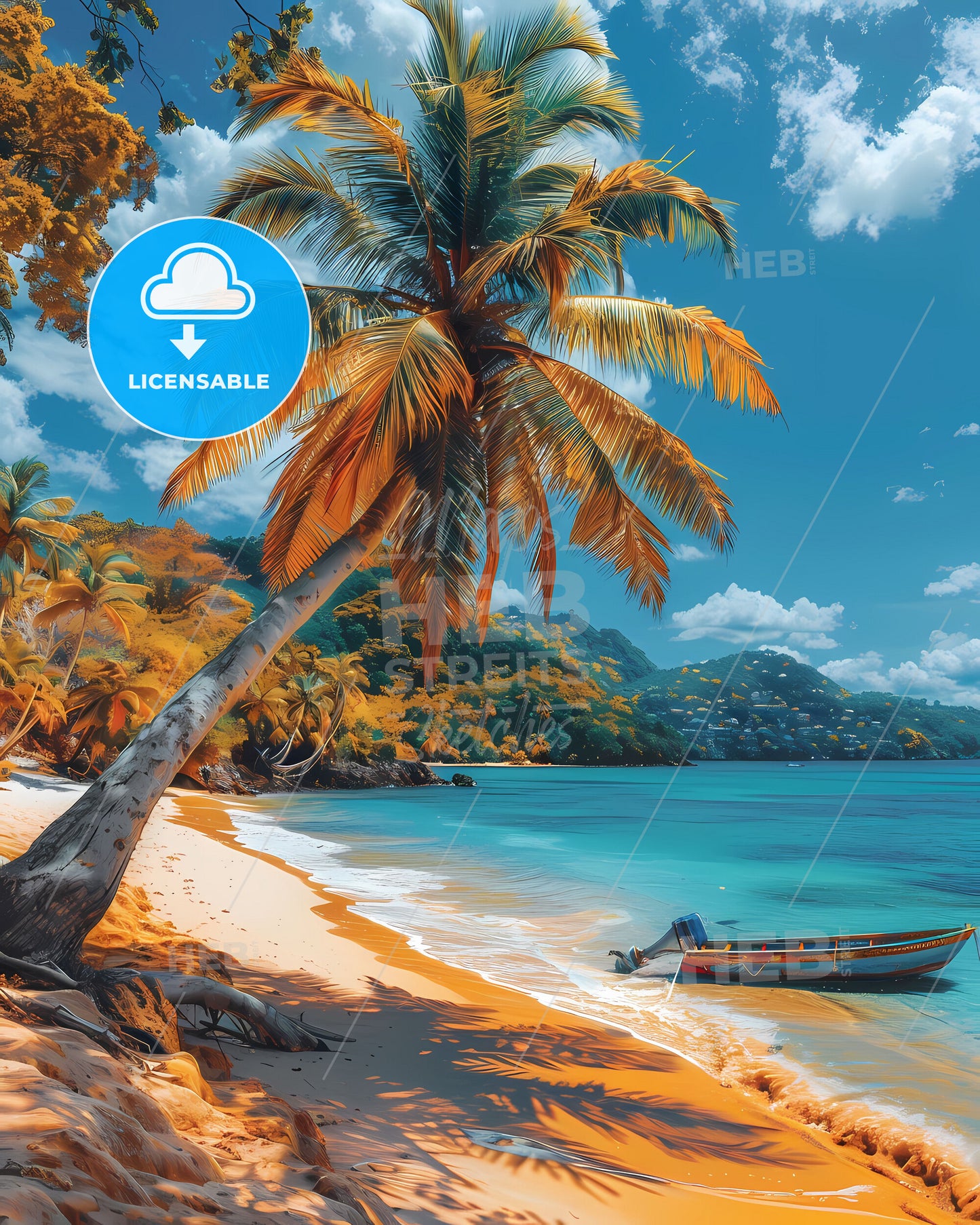 Vibrant Painting of Grenada Beach, North America, Featuring Boat and Palm Tree