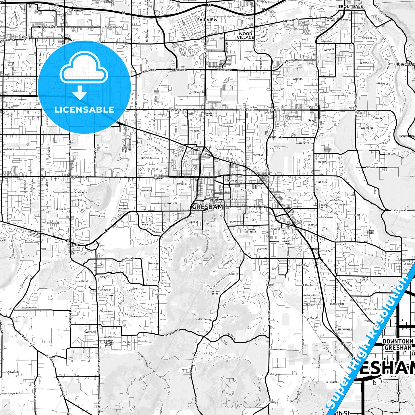 Gresham, Oregon Light Map with Street Names, City Names, and Districts