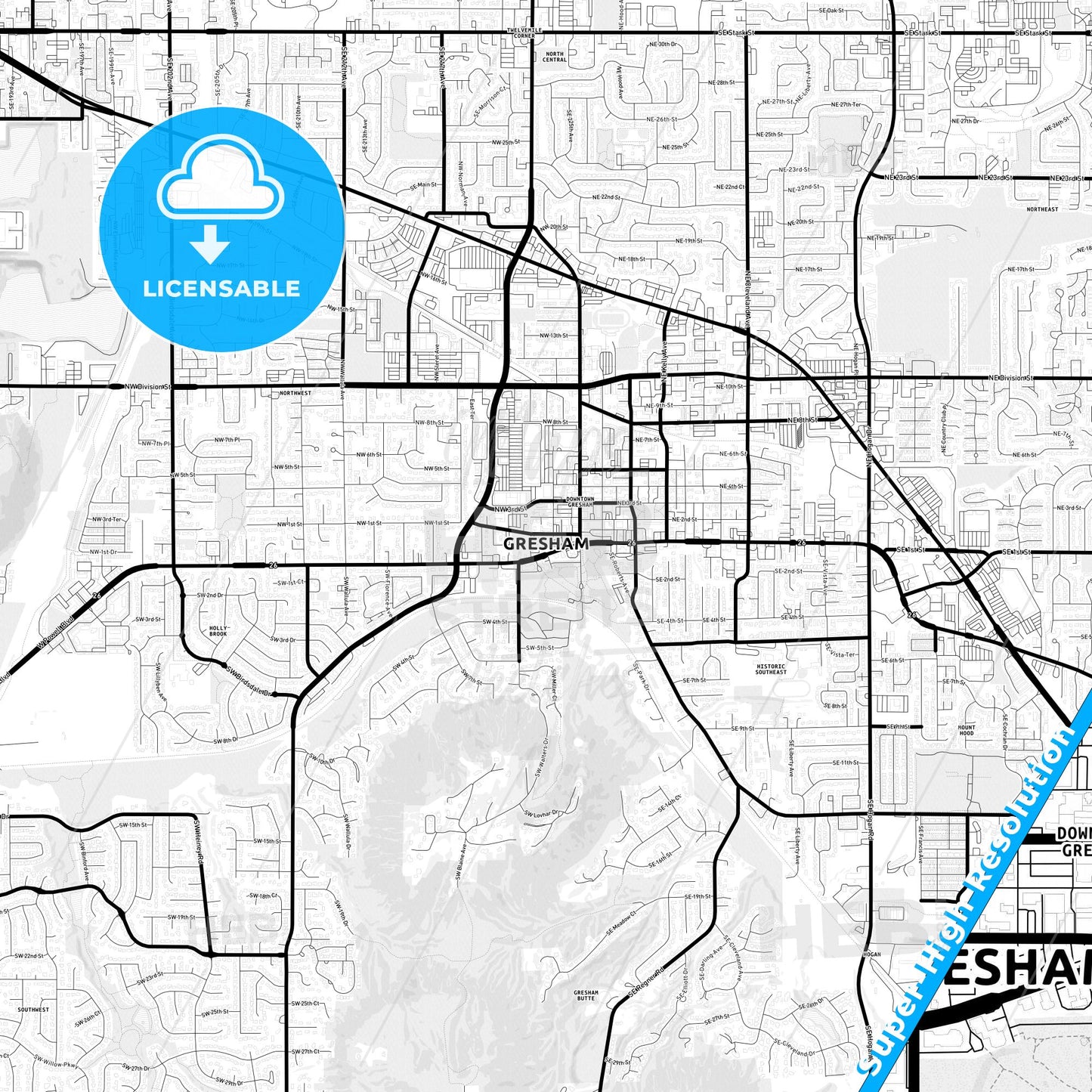 Gresham, Oregon Light Map with Street Names, City Names, and Districts