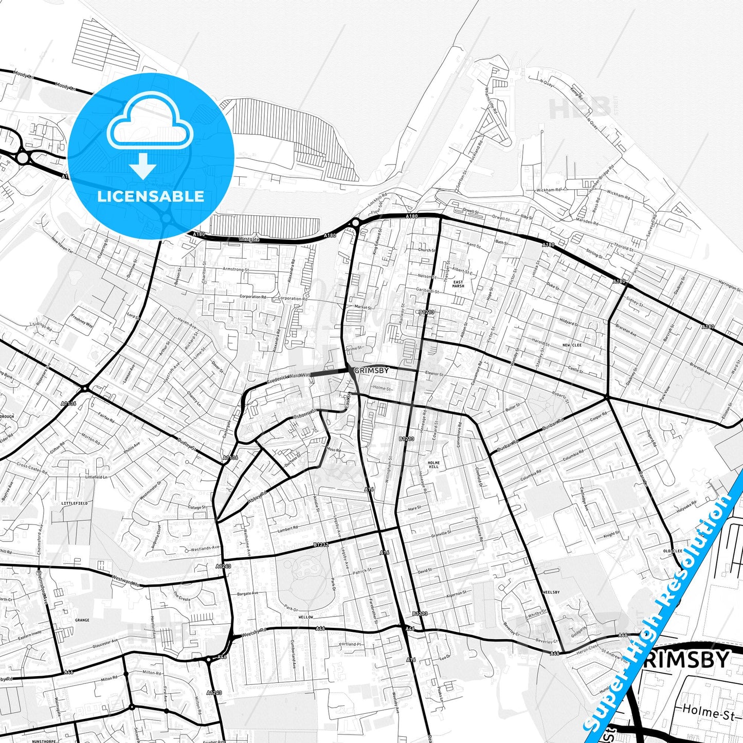 Grimsby, England Light Map with Street Names, City Names, and Districts