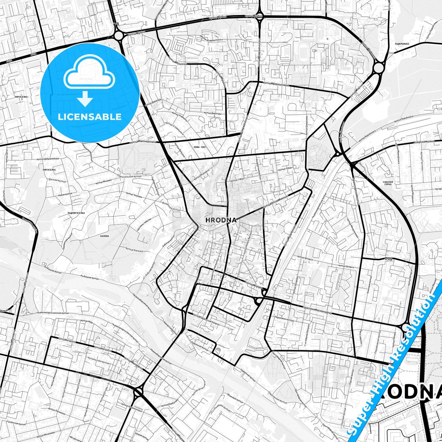 Grodno, Belarus Light Map with Street Names, City Names, and Districts